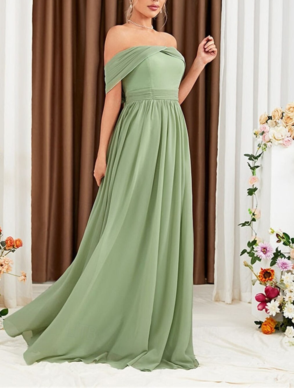 A-Line Sleeveless Elegant Bridesmaid Dress Off Shoulder Floor Length Chiffon with Pleats