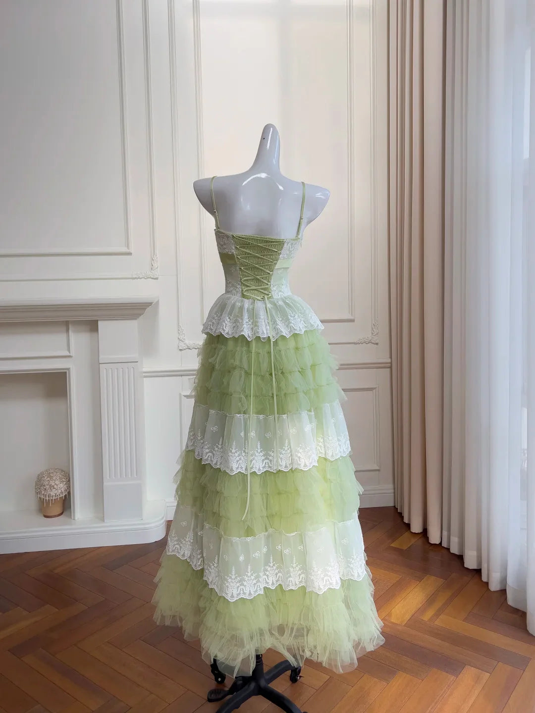 New A Line Spaghetti Strap Layered White Lace Green Tulle Party Dress