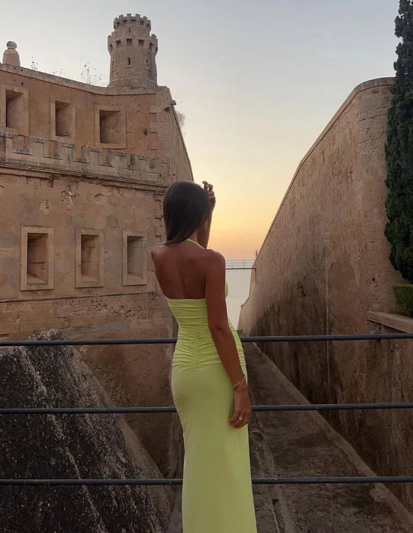 Sexy Sheath Halter Green Chiffon Prom Dress Evening Dress with Slit