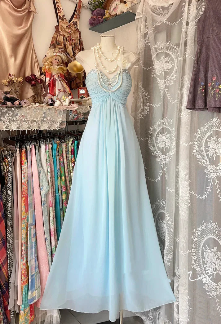 Baby Blue A Line Sweetheart Neck Beaded Chiffon Prom Dress