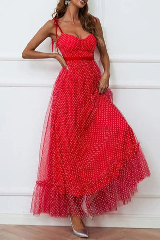 Red Polka Dot Tulle Tie-Strap  Retract Your Waist Long Evening Dress