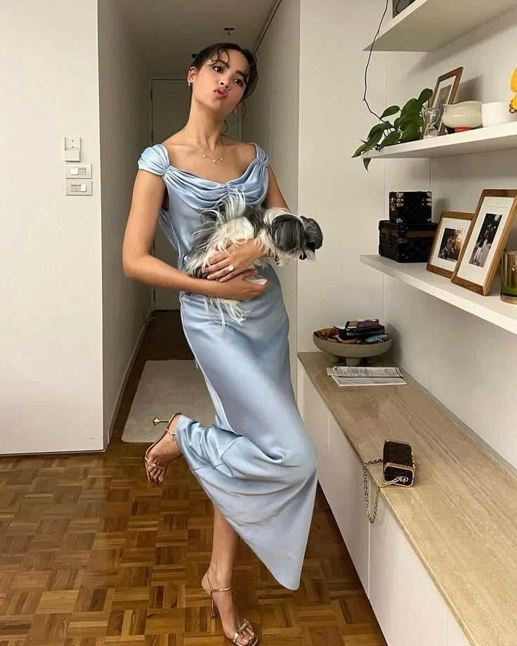 Sheath Straps Blue Satin Long Evening Dress Gentle Party Dresses