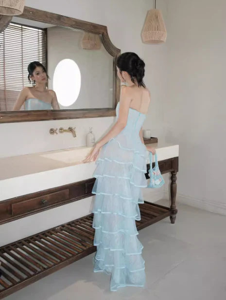 Baby Blue Sheath Strapless Layered Lace Tulle Prom Dress Unique design Evening Dress