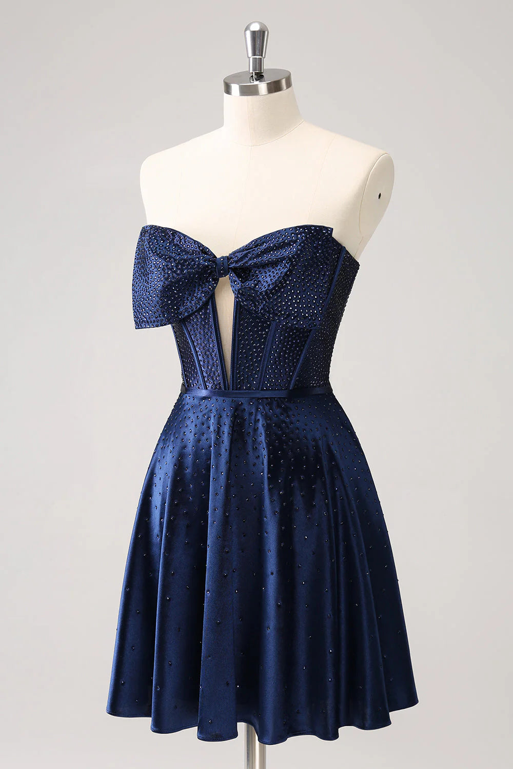 Sparkly Navy Beaded Corset Hollow Out Short Retract Your Waist Homecoming Dress With Bow