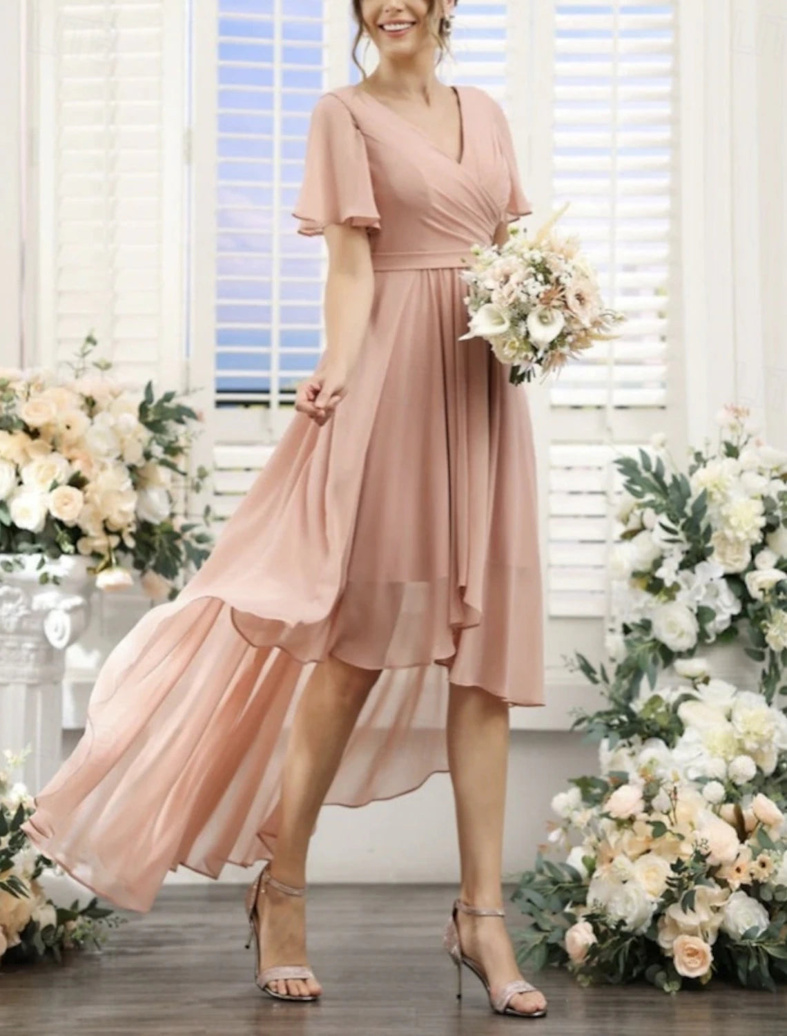 A-Line Bridesmaid Dress V Neck Short Sleeve Elegant Asymmetrical Chiffon with Ruching