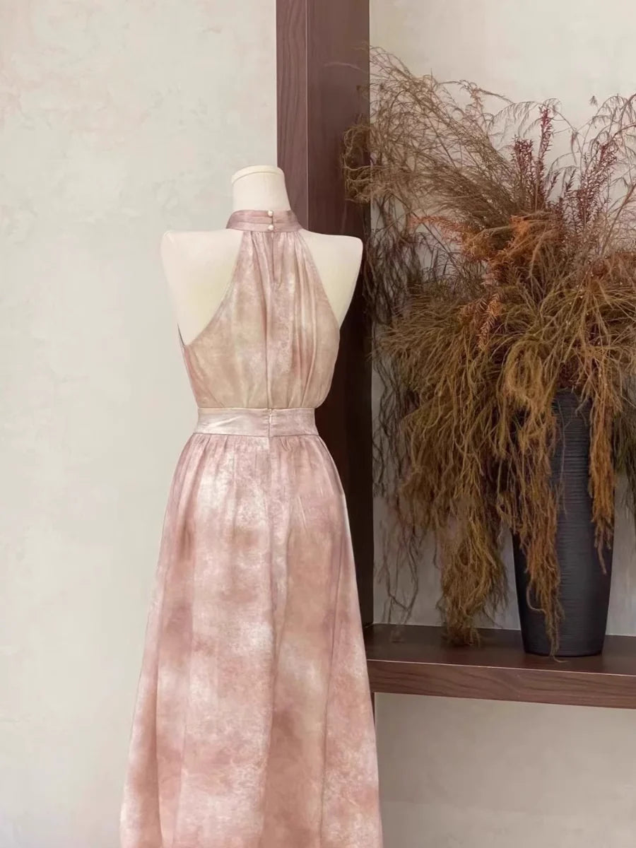 Sexy A Line Halter Ruffled Pink Long Women's Retract Your Waist Party Dresses