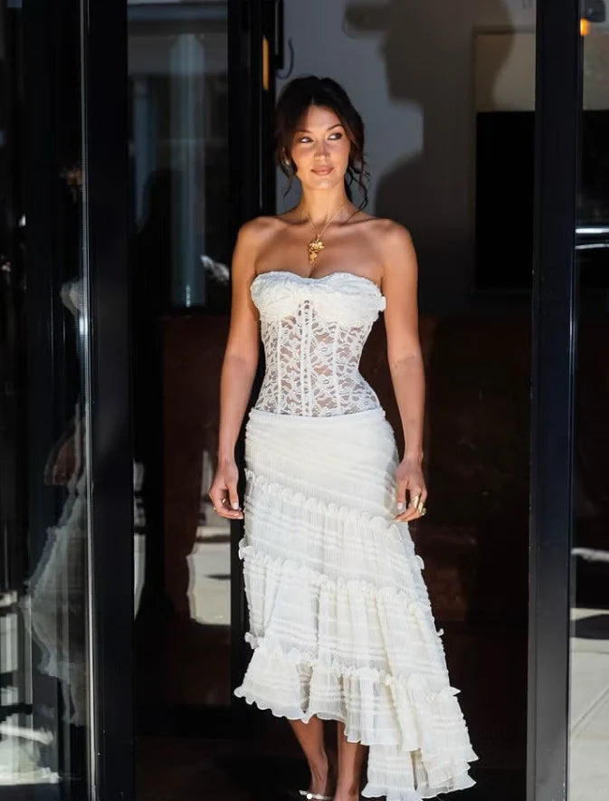 Sweety Sheath Sweetheart Neck White Lace Chiffon Prom Dress Evening Dress