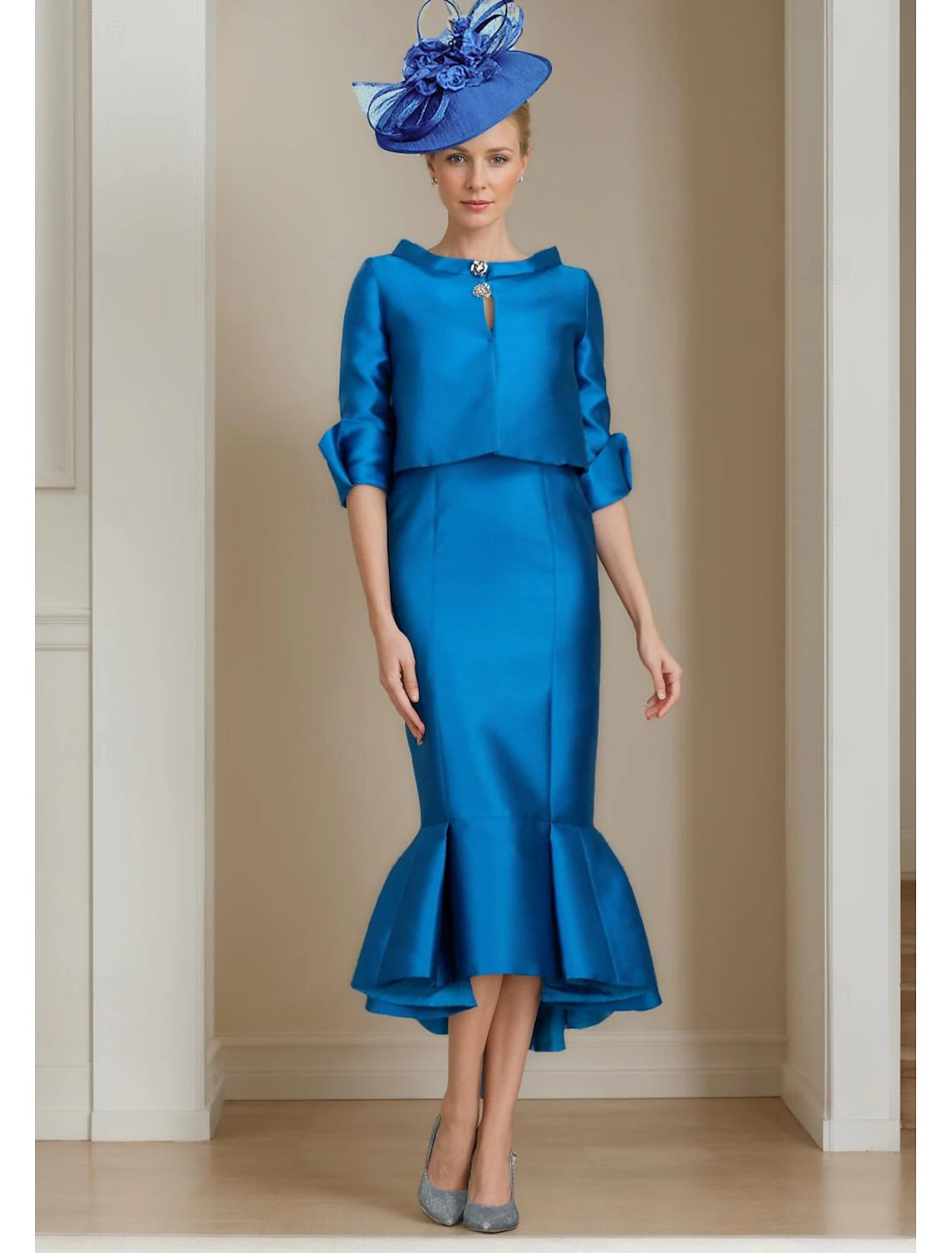 Two Piece Mermaid Mother of the Bride Dress Formal Wedding Guest Elegant Jewel Neck Tea Length Satin Half Sleeve with Buttons Derby Dress Race Day Dress