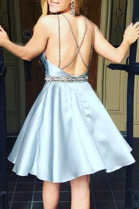 A-Line Sexy Short Prom Dress V-neck Light Blue Satin Homecoming with Beading