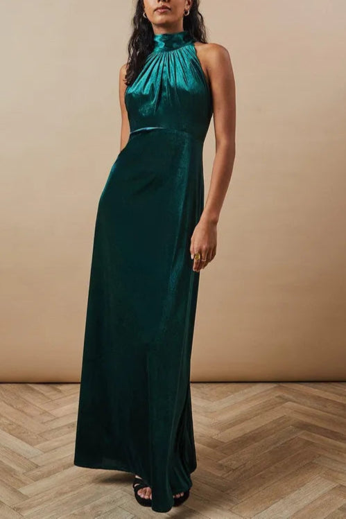 Petite Full of charm Velvet Halter Bias Cut Sleeveless Maxi Bridesmaids Dress
