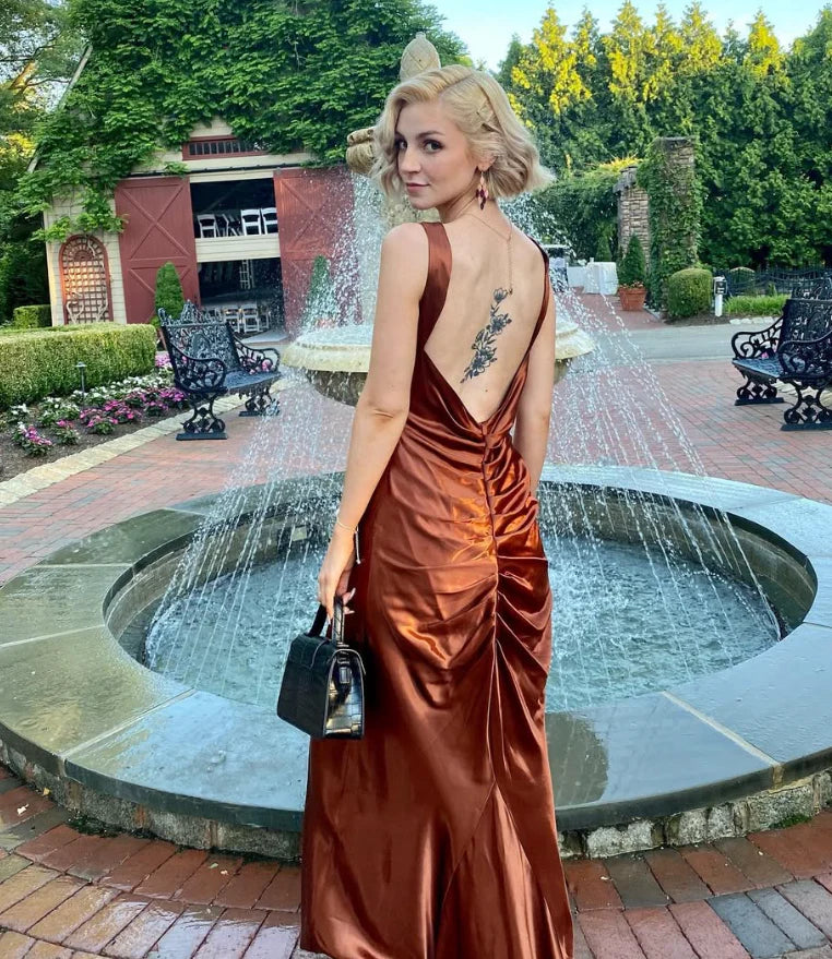 Elegant Mermaid Straps Brown Satin Long Sweep Backless Prom Dress