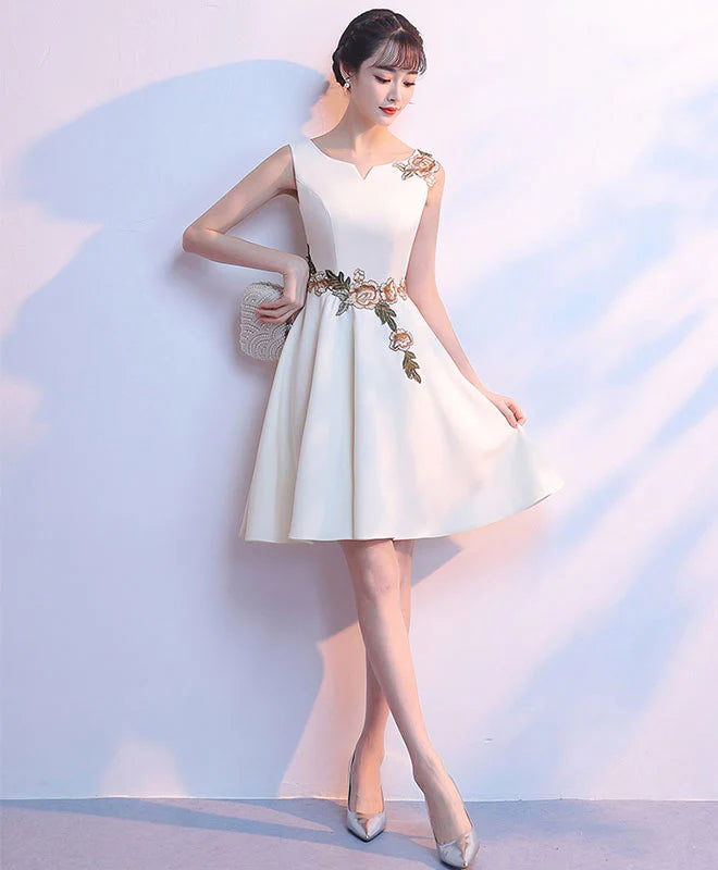 Light Champagne Satin Applique Short Prom Dress, Cute Simple Homecoming Dress