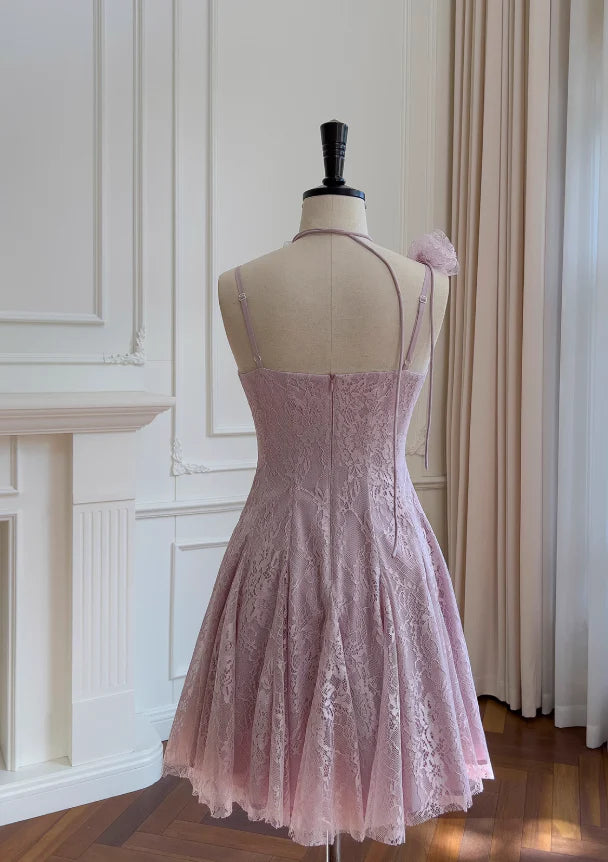 Light purple A-line spaghetti strap lace short prom dress, Unique design homecoming dress