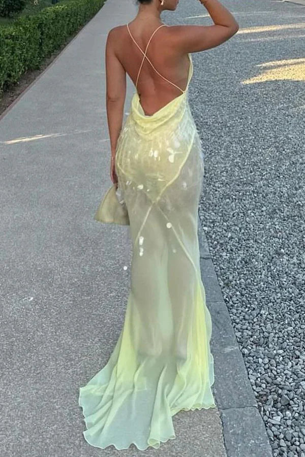 V Neck Light Yellow Sequin Chiffon Long Prom Dress Sexy Sheath Evening Dress