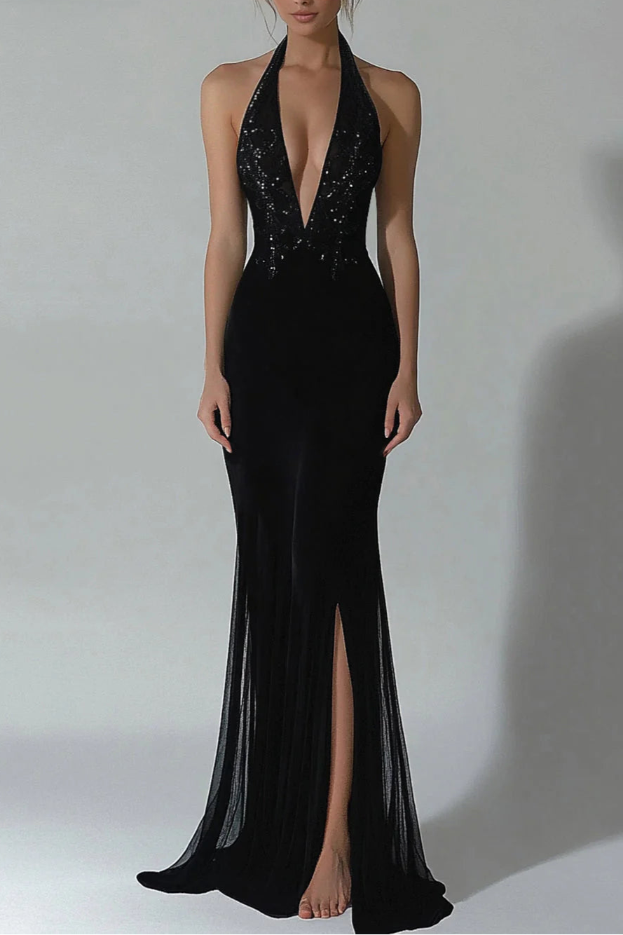 Unique design Black Halter Full of charm Mermaid Formal Dress With Slit