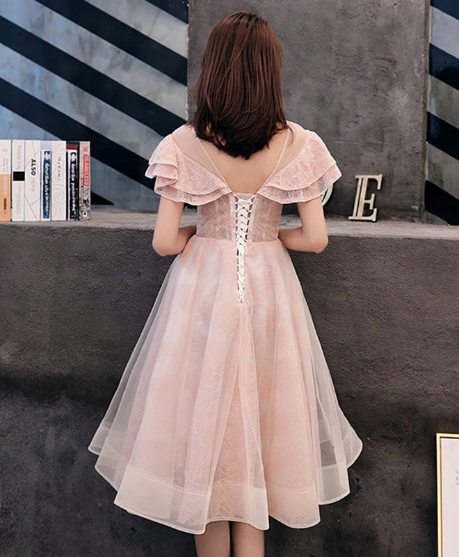 Pink Tulle Lace Short Prom Dress, Retract Your Waist Homecoming Dress