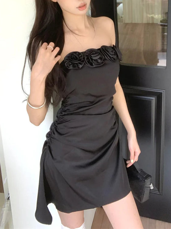 Full of charm three-dimensional flower tube top A-line off shoulder party dress