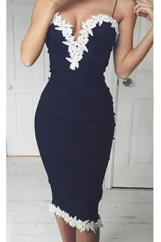 Navy Blue Party Dress Spaghetti Strap Applique Sheath Short Homecoming Dresses