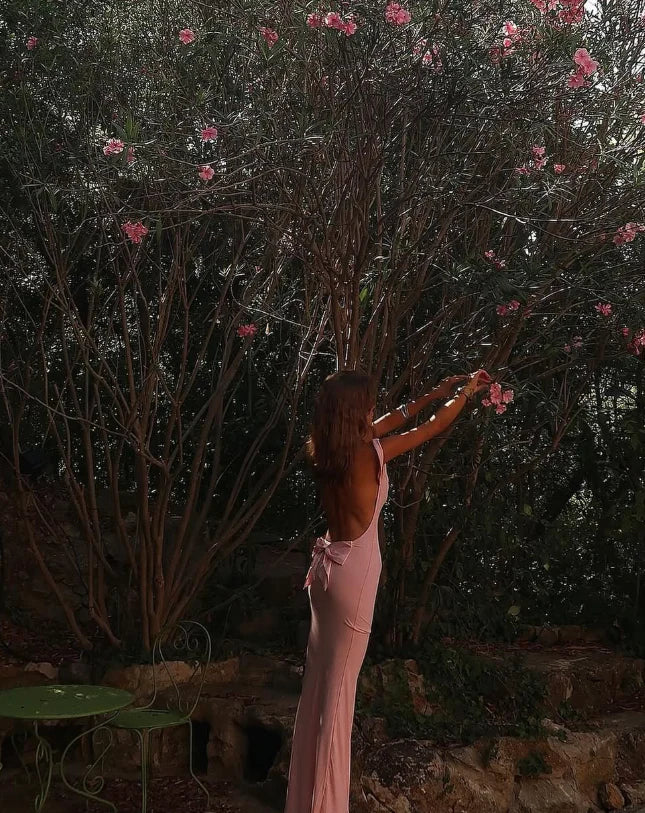 Sexy Sheath Strap Bow Pink Satin Open Back Long Prom Dress Graduation Prom Dress