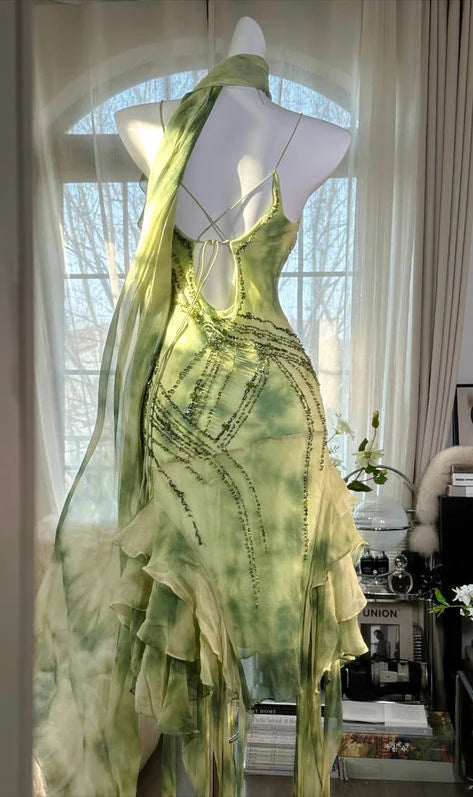Green A Line Spaghetti Strap Beaded Ruffle Chiffon Short Party Dress