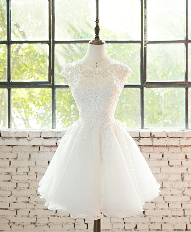 White Lace Tulle Short Prom Dress, Full of charm Homecoming Dress