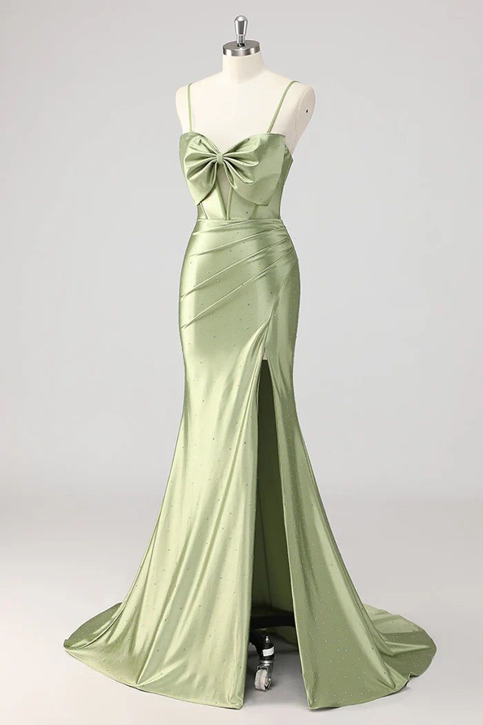 Beaded Corset Green Mermaid Bow Cut Out Satin Prom Dress with Slit
