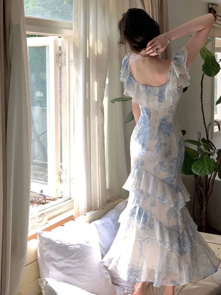 Strap Print Flower Blue Chiffon Party Dress Gentle Mermaid Evening Dress
