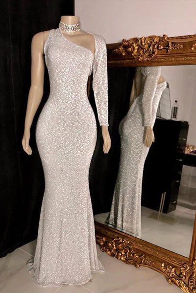 ONE-SHOULDER LONG SLEEVES SILVER SEQUINS MERMAID ASYMMETRIC PROM GOWNS