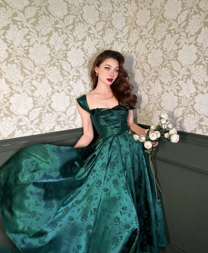 Charming A Line Strap Print Flower Green Satin Long Evening Dress