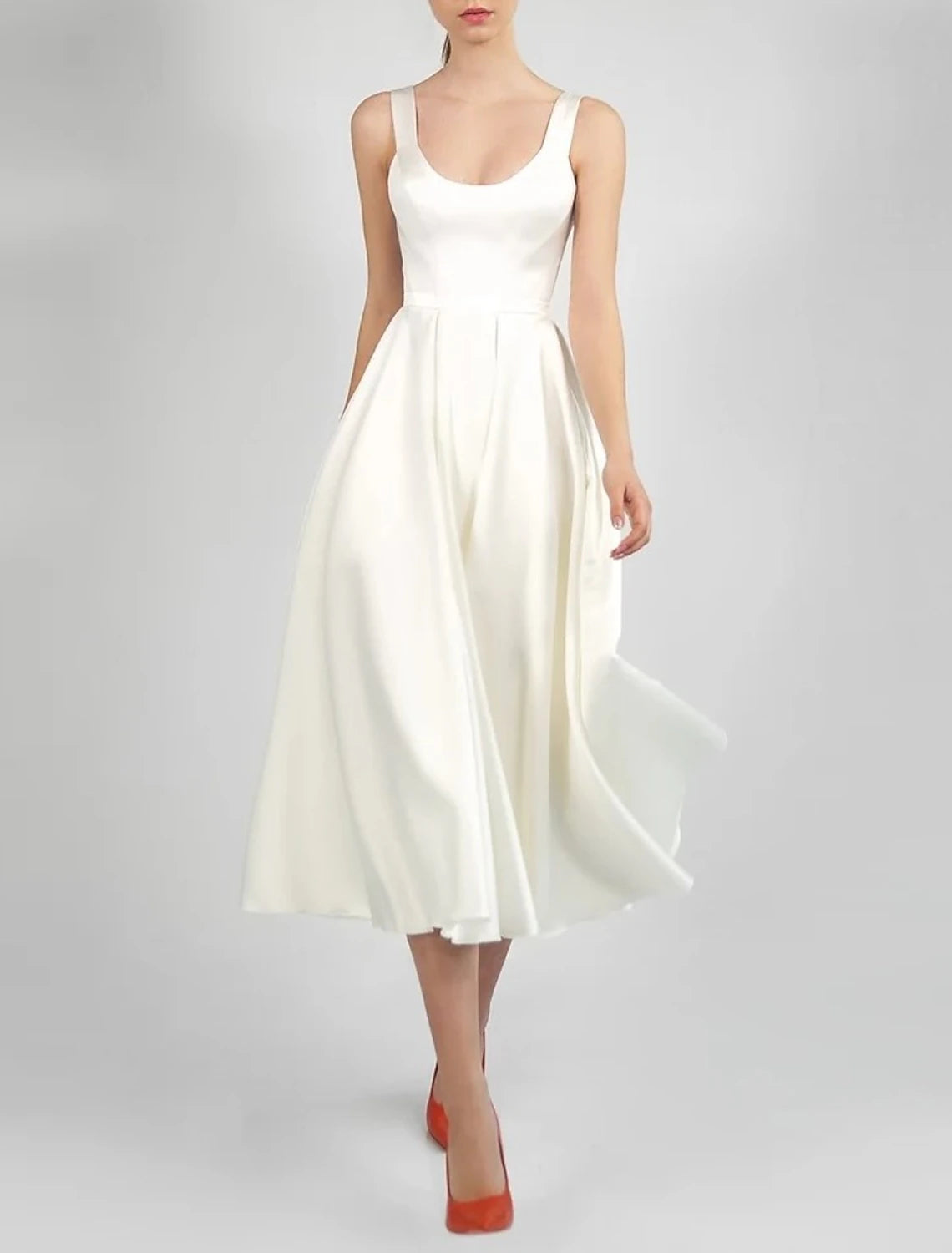 Hall Little A-Line Scoop Neck White Dress Bridal Shower Dresses Wedding Dresses Sleeveless Tea Length Satin Bridal Gowns