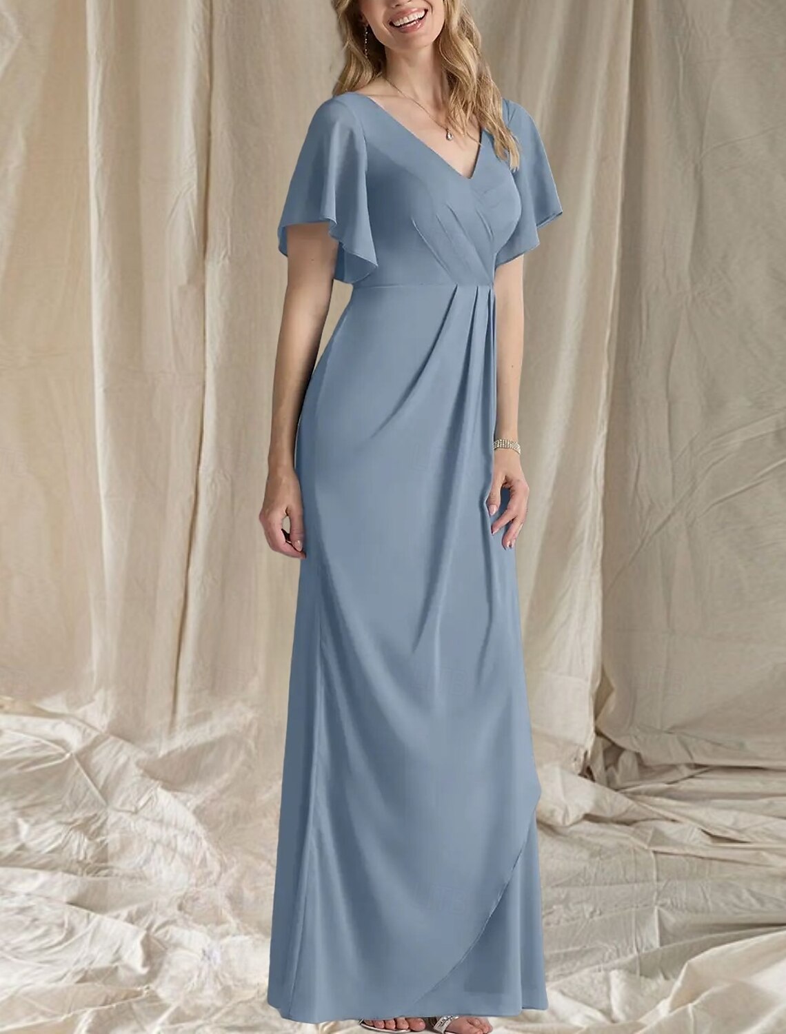 A-Line Mother of the Bride Dress Wedding Guest Elegant Sweet V Neck Floor Length Chiffon Short Sleeve with Ruching Side-Draped