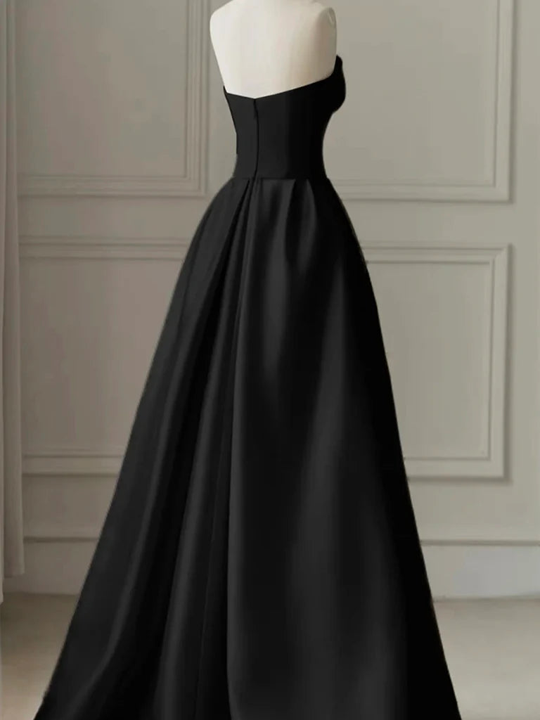 A-Line Tulle Satin Black/White Long Prom Dress. Black Long Formal Dress