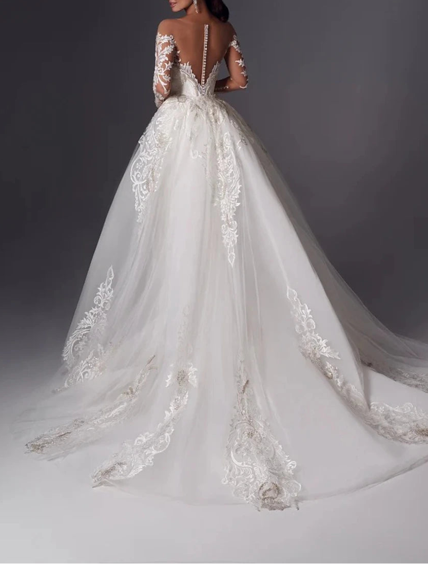 Engagement Train Satin Formal Wedding Dresses Mermaid Off Shoulder Long Sleeve Court Bridal Gowns