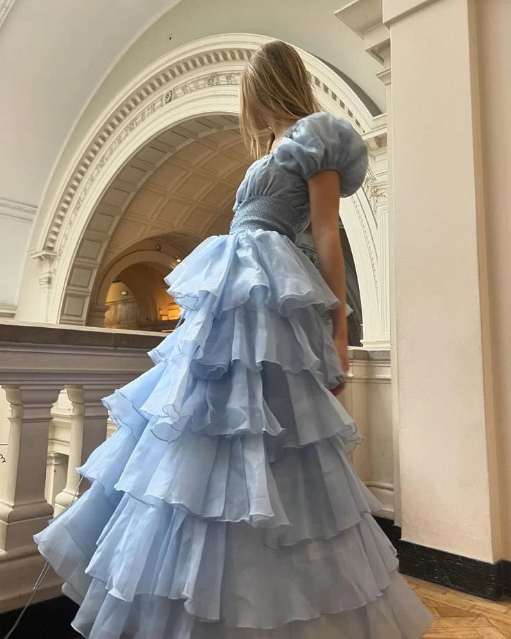 Cute Blue Tulle Tiered Hepburn Princess Prom Dress Evening Dress Ball Gown