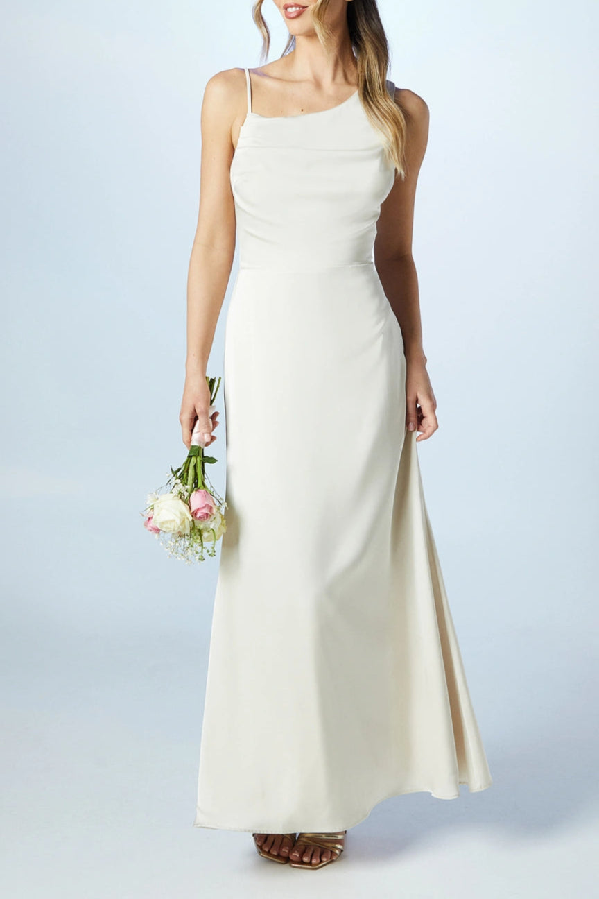 Asymmetric Shoulder Full of charm Unique design Satin Maxi Bridesmaids Dress