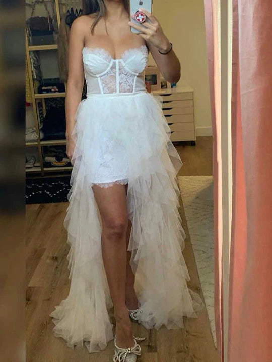 Off White Tulle Tiered Retract Your Waist Sweetheart High Low Prom Dresses