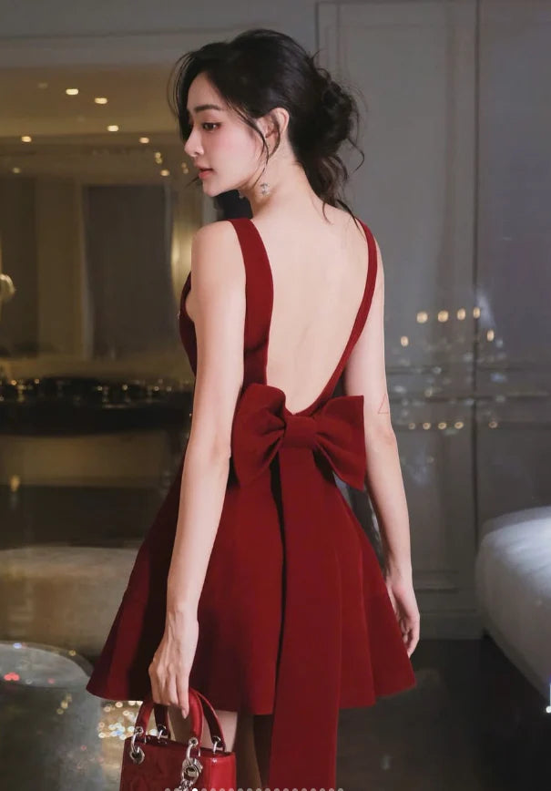 Burgundy A Line V Neck Rhinestone Satin Prom Dress Evening Dress with Bow