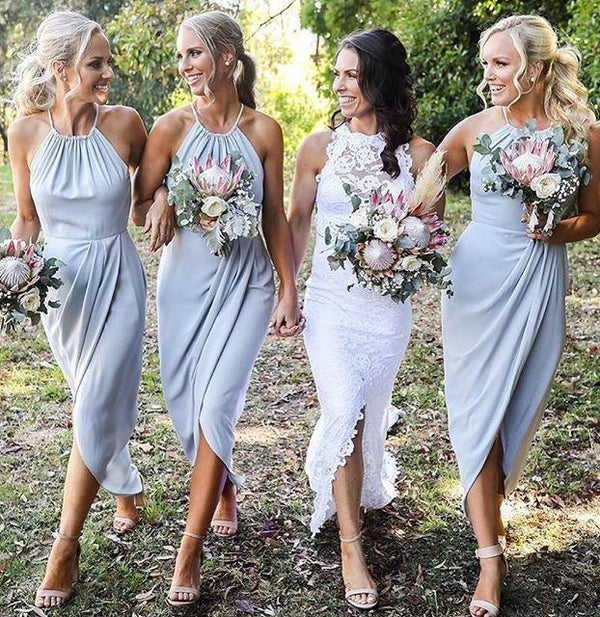 Grey-blue Halter Chiffon Tea-Length Bridesmaid Dresses, Cheap Wedding Party Dress