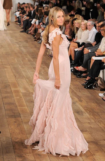 Gentle Mermaid V Neck Ruffle Light Pink Chiffon Long Prom Dress