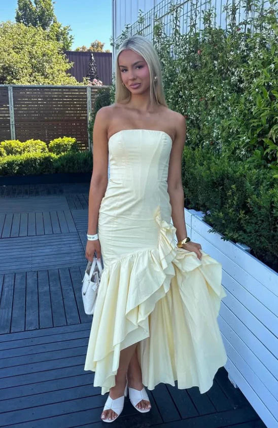 Ruffle Light Yellow Satin Long Prom Dress Mermaid Strapless Evening Dress