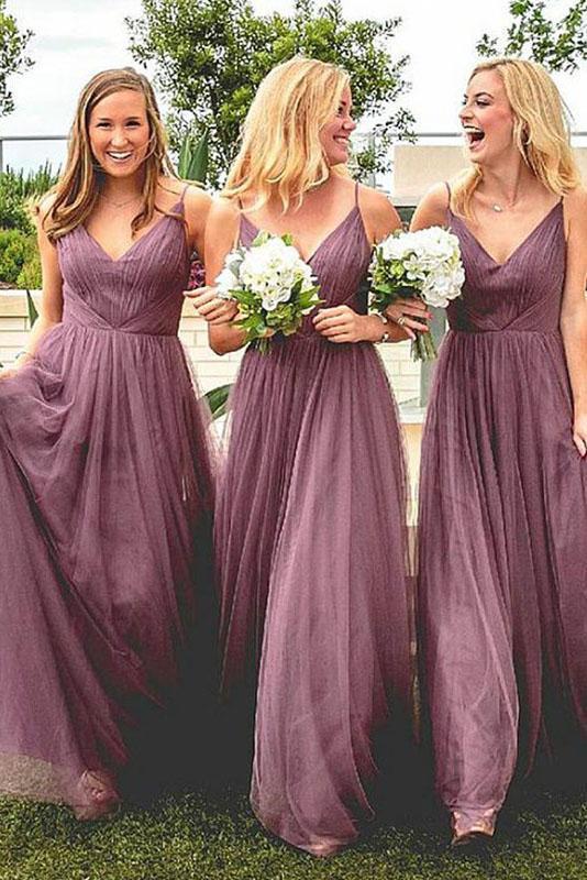 Spaghetti Straps V Neck Floor Length A Line Bridesmaid Dress with Pleats