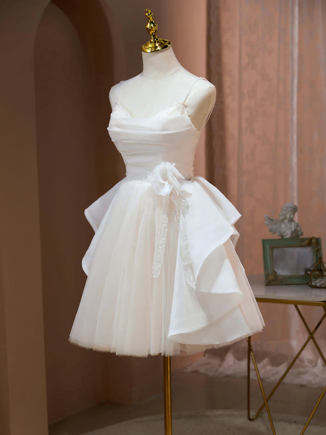 A Line V Neck Champagne Formal Short Prom Dresses, Mini Gown Cute Puffy Homecoming Dresses