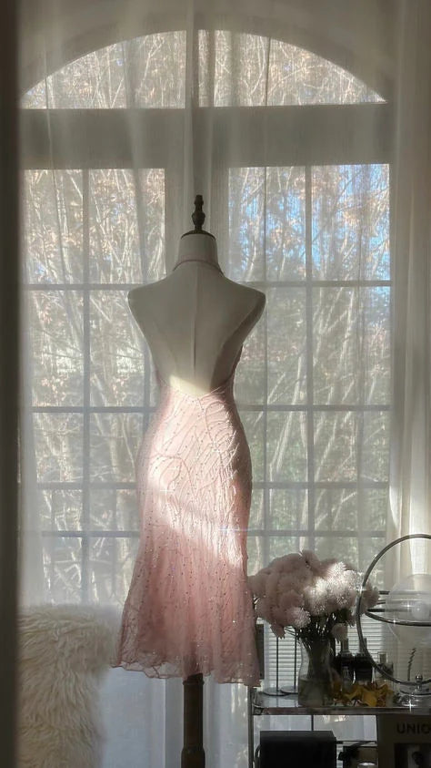 Cute Mermaid Halter Beaded Light Pink Chiffon Short Party Dress