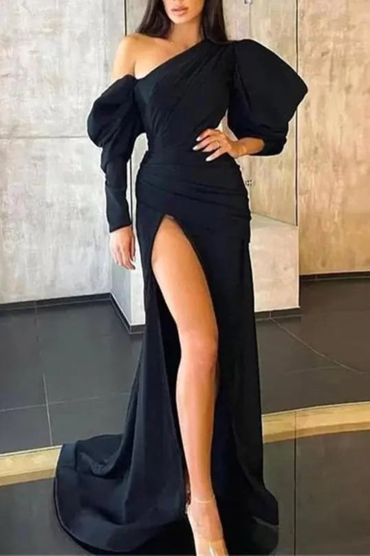 Black Long Sleeve One Shoulder Mermaid Evening Dress With Split