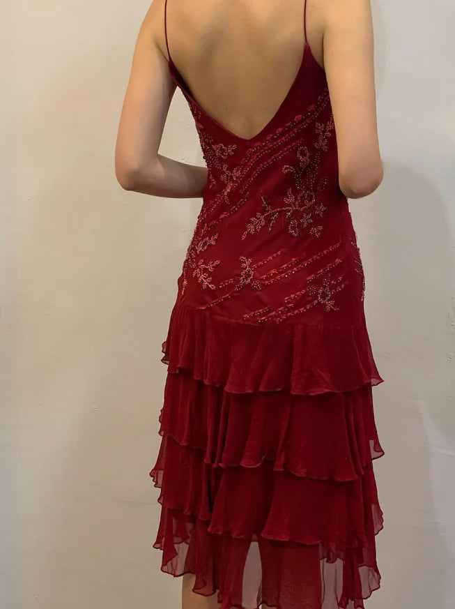 Burgundy Vintage A Line Spaghetti Strap Tiered Beaded Chiffon Evening Dress
