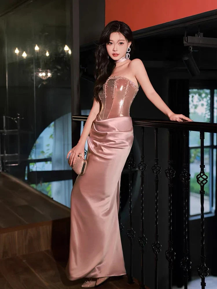 A-Line Off-the-Shoulde Sexy Rose Gold Strapless Beading Sleeveless Floor-Length Evening Gown