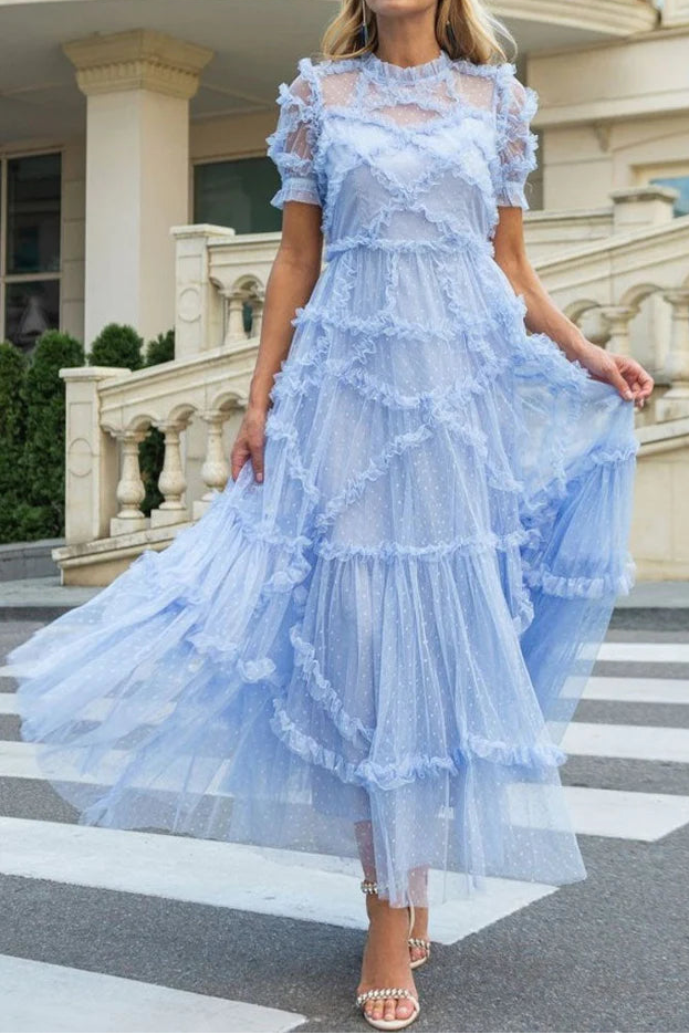 Fairytale Mock Neck Sleeved Dotted Tulle Tiered Ruffle Maxi Party Dress