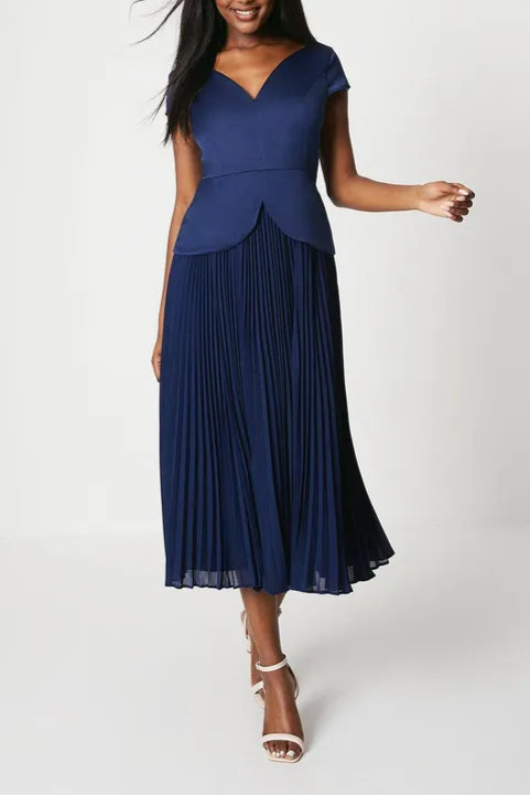 Pleated Skirt Overlay Bodice Midi Mother Of The Bride Outfits Dress