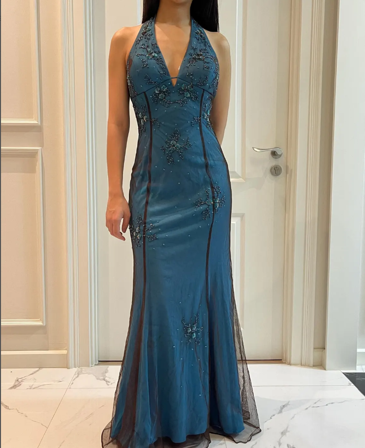 Vintage Niki Livas Teal Beaded Halter Gown Backless Mermaid Prom Dress