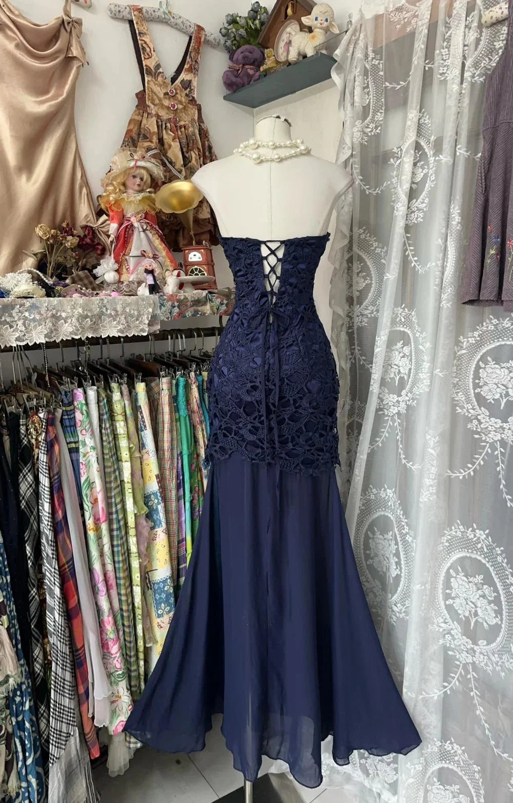 Elegant Navy Mermaid Prom Dress Backless Strapless Chiffon Birthday Evening Dress